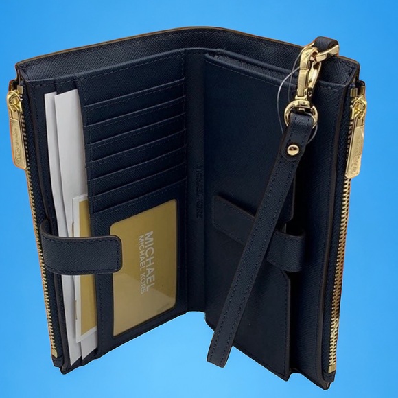 Michael Kors Jet Set Travel LG Double Zip Saffiano Leather Wristlet in Navy - Picture 9 of 11